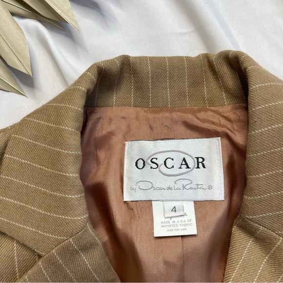 Oscar De La Renta 100% Wool Tie Front Neutral Beige Cream Belted Blazer Jacket - Picture 4 of 7